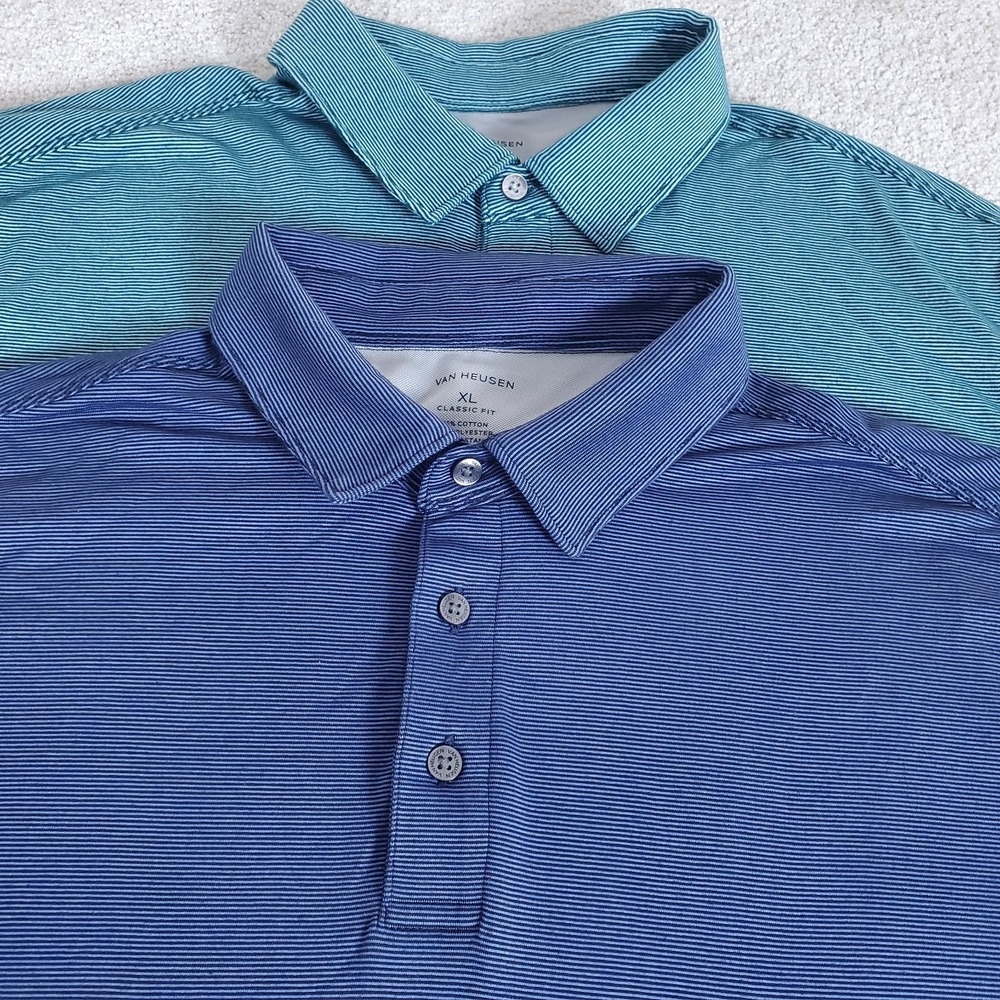 Van Heusen Men's Polo Shirt SZ XL Blue / Green Short Sleeve 2 Shirts Striped